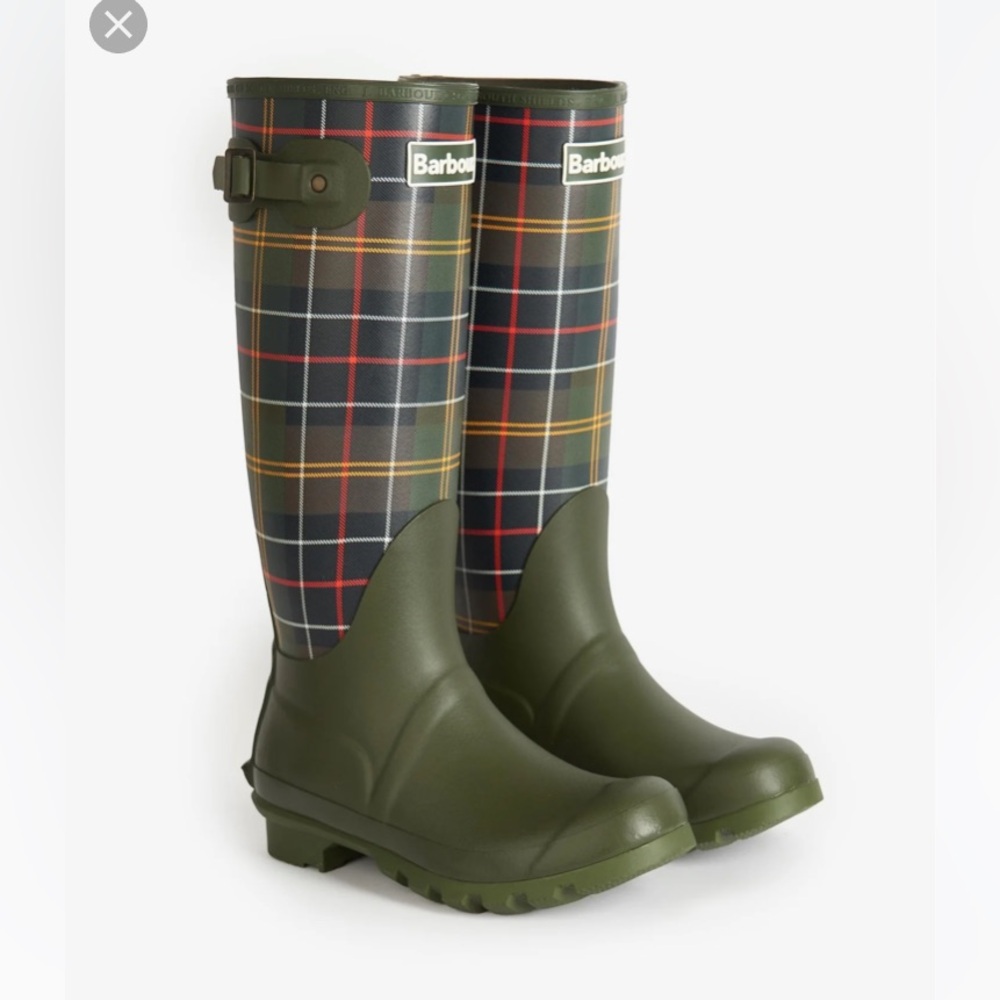 Barbour Women’s Olive Green Tartan Bede Wellington Boots size US 6
